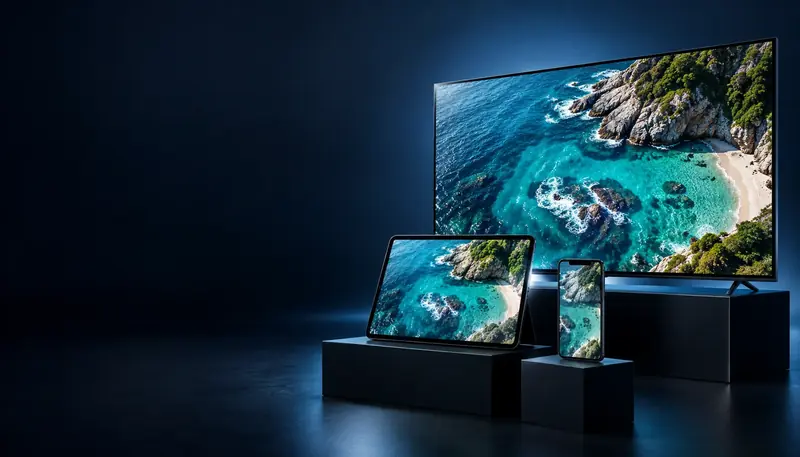 A TV, a tablet and a phone showing the same coastline scene on a dark table