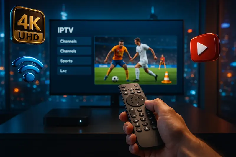 IPTV app channel list on a TV with a match playing, remote in the foreground